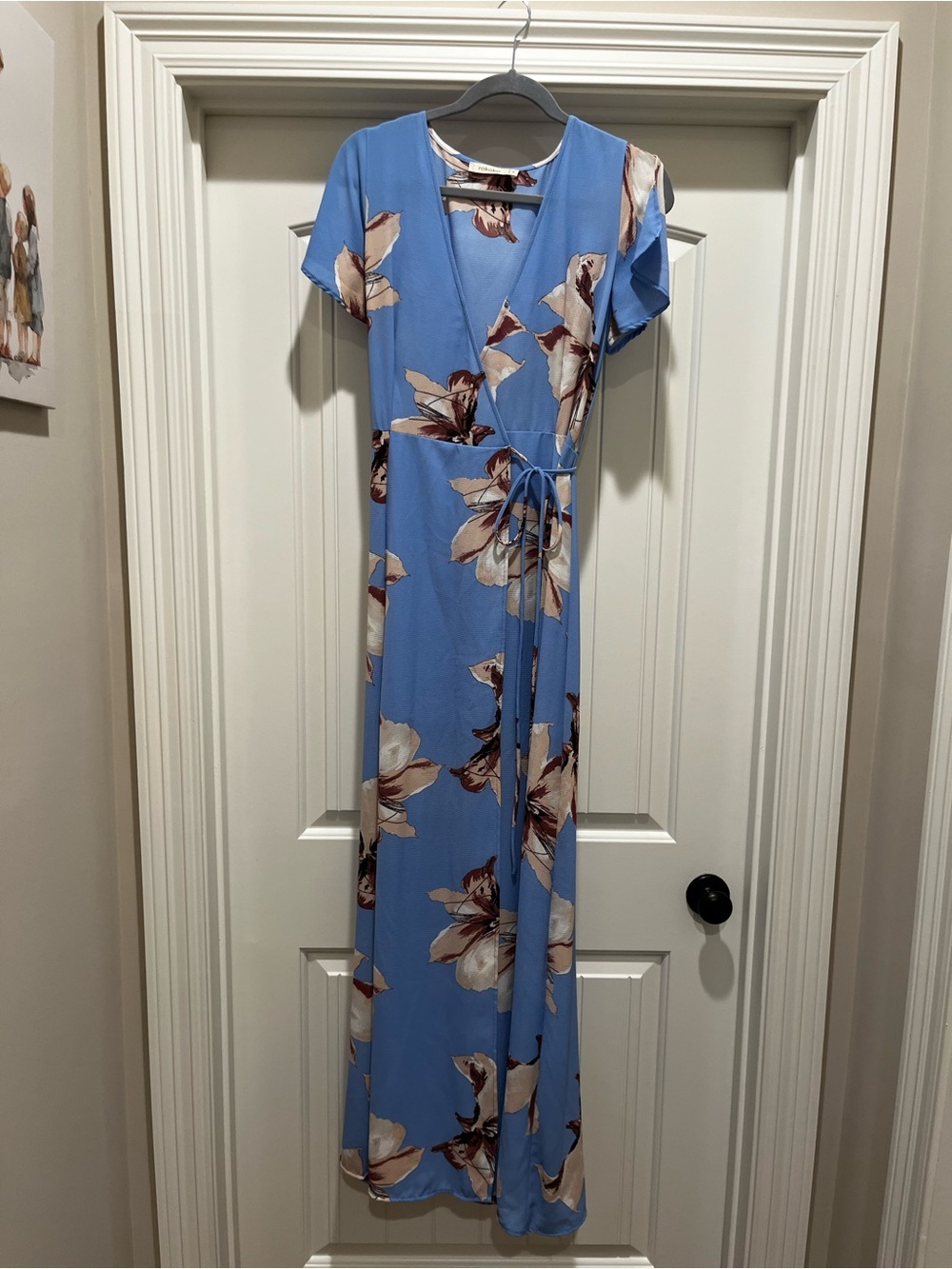 Sky Blue Floral Wrap Maxi Dress with Tie Waist